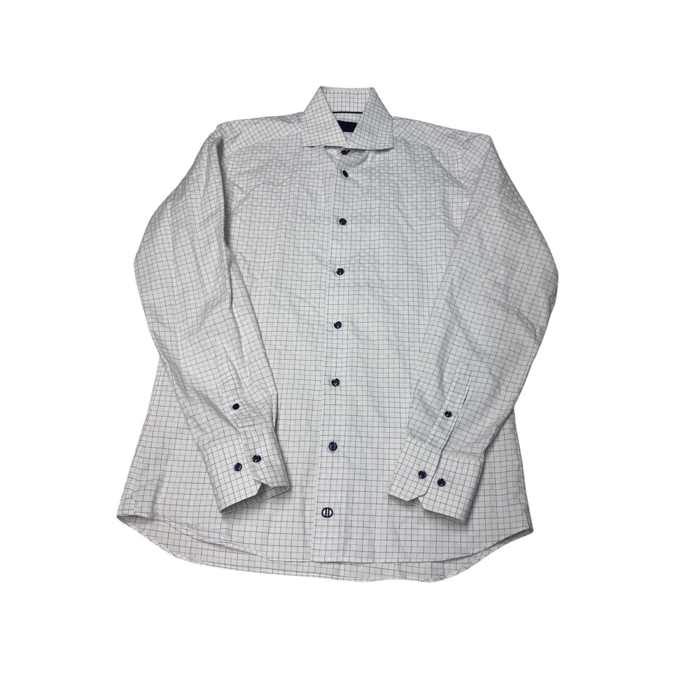 David Donahue Mens 15.5 34/35 White Purple Windowpane Check Cotton Dress Shirt